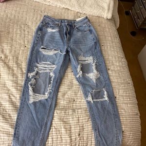 American Eagle, light blue ripped mom jeans. Size 00